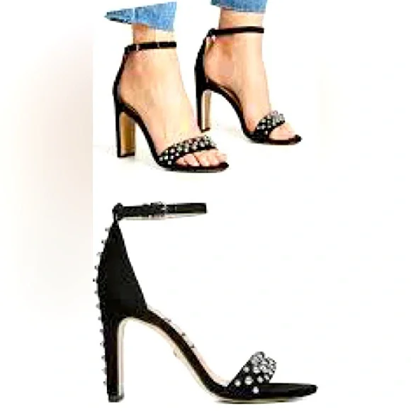 🪩SAM EDELMAN•Yoshi Black Suede Sandals silver studded embellishment •Size 7.5 - Picture 15 of 17